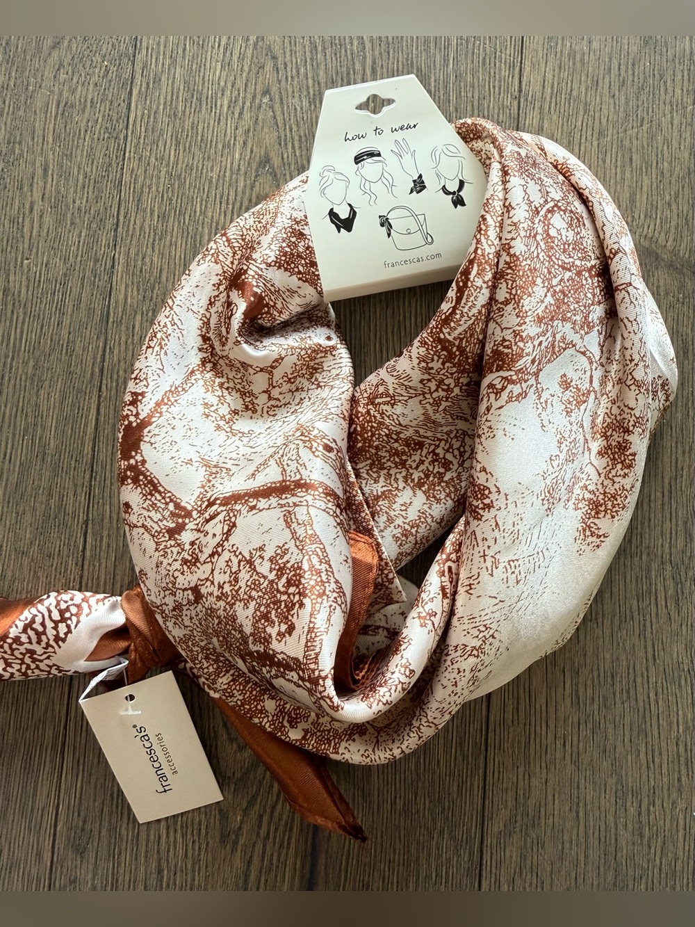 Francesca's Collections Rust and Cream Toile Satin Neck Scarf. NWT - Picture 2 of 3